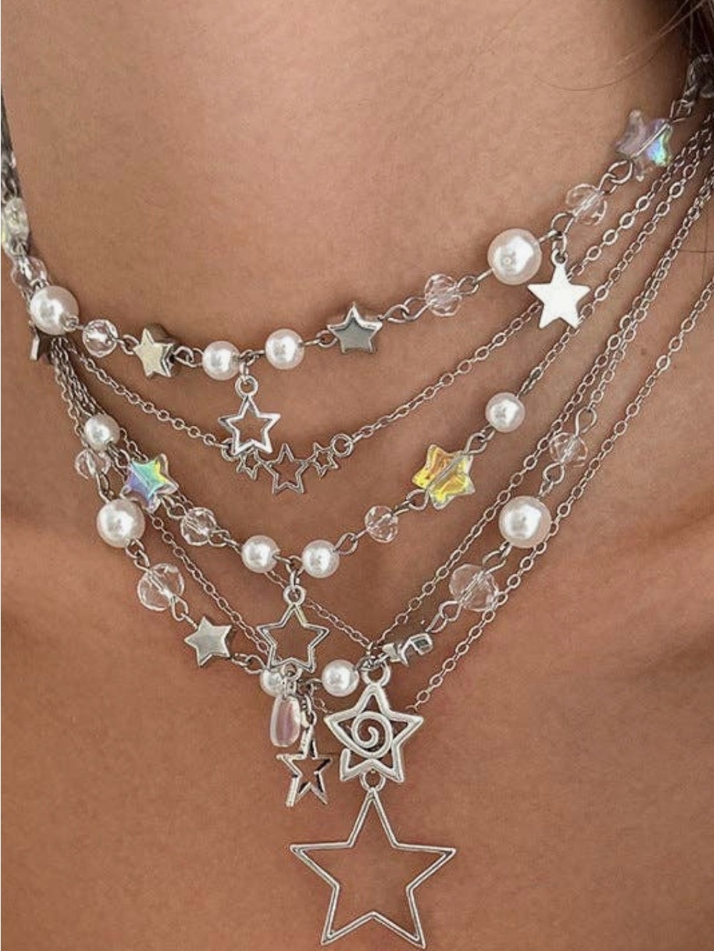 Fashion in Silver tone Multi-Layer Star & Pearl Necklace - Women Jewelry